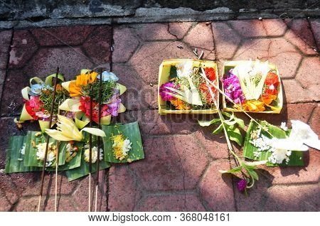 Sacrificial Offering Set Balinese And Indonesian Style Rite Offer To Deity Angel God Of Hindu In Anc