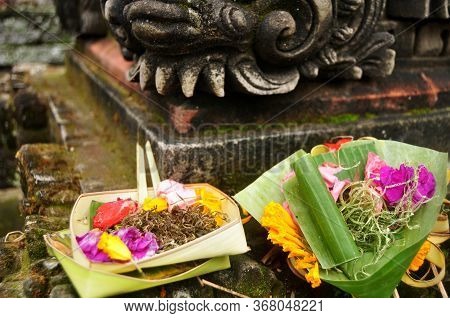 Sacrificial Offering Set Balinese And Indonesian Style Rite Offer To Deity Angel God Of Hindu In Anc