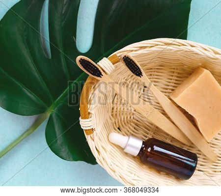 The Concept Of Zero Waste. Bamboo Toothbrush, Solid Shampoo