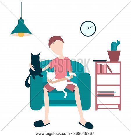 Concept Man In A Chair With Two Cats. Vector