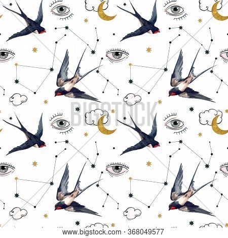 Beautiful Vector Seamless Pattern With Watercolor Birds, Moons And Eyes. Stock Illustration.