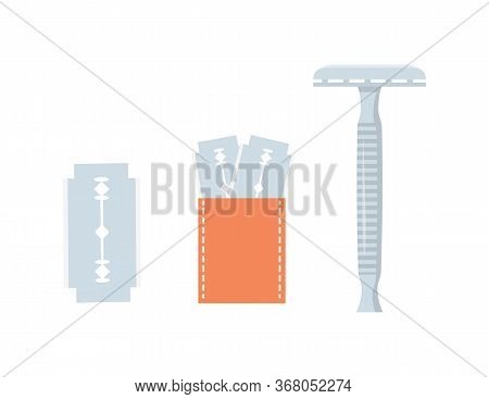 Retro Flat Icon With Classic Razor Blade. Oldschool Shaving Razor For Man. Pack Of Blades. Cartoon V