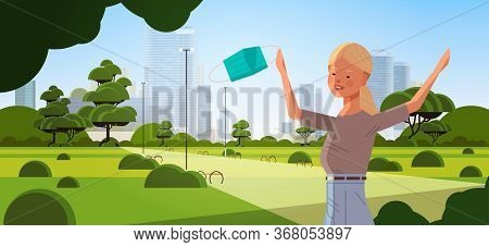 Woman Holding Medical Mask Coronavirus Win Defeated Covid-19 Girl Celebrating Victory Over Ncov Viru