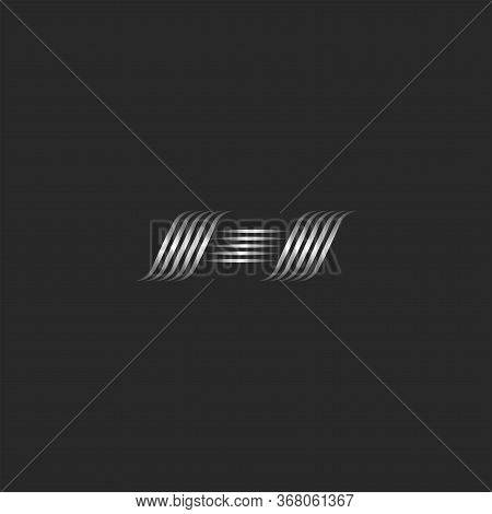 Calligraphic Script Letter H Logo Glamorous Monogram, Weaving Thin Lines Shape Emblem, Metallic Curv