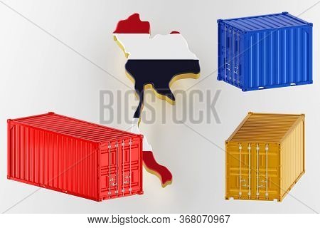 Thailand Map Image With Flag. Freight Shipping In Containers. Export From The Country In Containers.