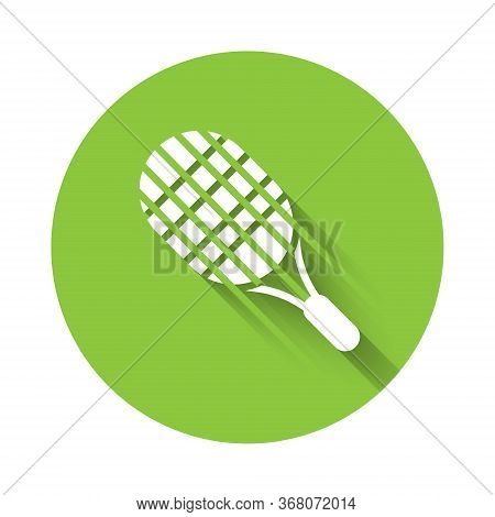 White Tennis Racket Icon Isolated With Long Shadow. Sport Equipment. Green Circle Button. Vector Ill