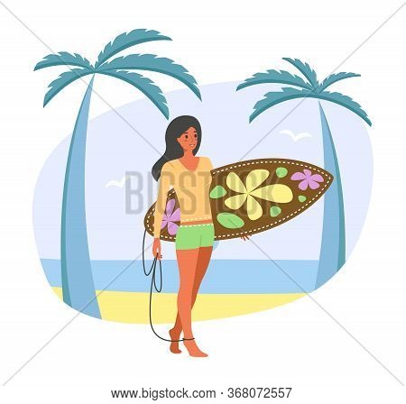 Young Women In Surf Suit Walks Along The Ocean Or Sea, Flat Cartoon Stile. Concept Of Summer Sports 
