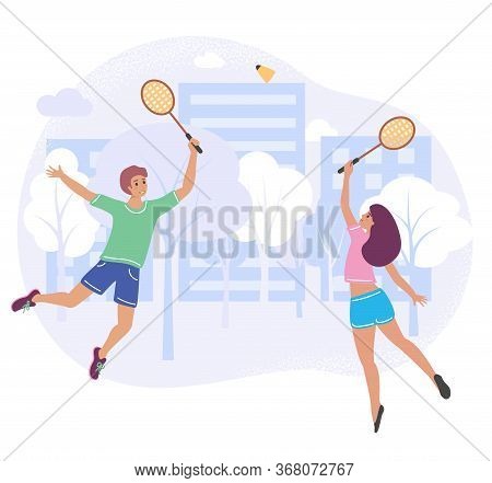 Couple Playing Badminton In A City Park, Vector Stock Illustration In Flat Cartoon Stile. Friends En