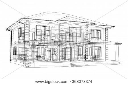 Abstract Vector Sketch Of A House. Exterior Of The House With Visible Internal Elements.