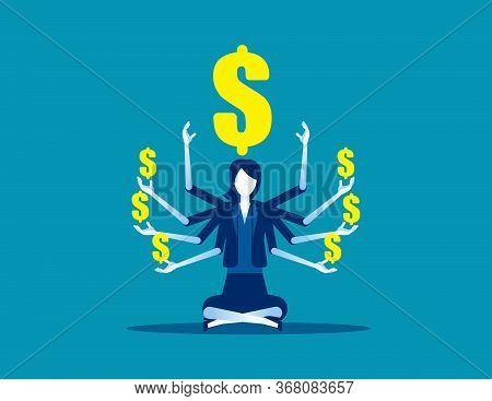 Woman Sitting In Meditation With Money Symbol. Business Financial Concept. Flat Cartoon Vector Illus