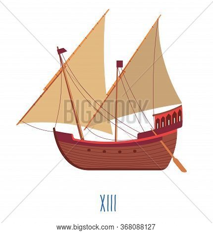 Wooden Ship With Sails And Oars, 13 Century Boat
