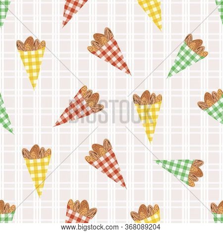 Vector Roasted Almond Nuts In Cute Gingham Paper Bags Seamless Pattern Background. Brown Oval Seeds 