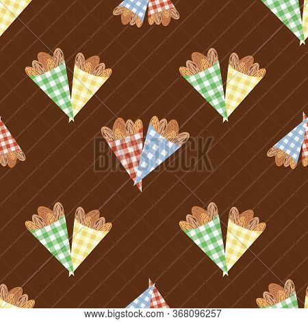 Pairs Of Roasted Almond Nuts In Cute Gingham Paper Bags Vector Seamless Pattern Background. Oval Ker