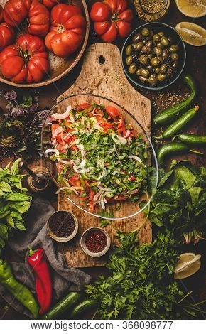Flat-lay Of Turkish Chopard Salad With Vegetables, Herbs And