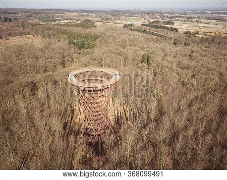 Gisselfeld, Denmark - March 25, 2020: Aerial Drone View Of The Forest Tower At Camp Adventure