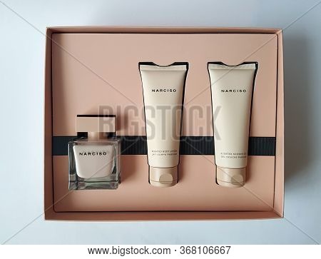 Grodno, Belarus-05.25.2020: Close-up Of Narciso Rodriguez Poudree Eau De Parfum, Shower Gel Cream