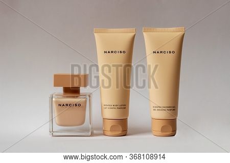 Grodno, Belarus - 05.25.2020: Close-up Set Of Narciso Rodriguez Poudree Eau De Parfum, Cream Shower 
