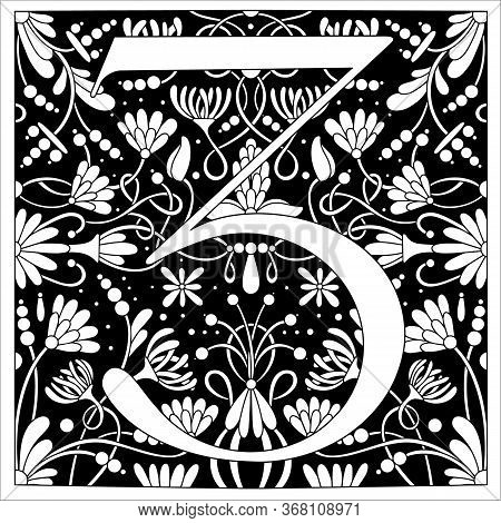 Vintage Retro Illustration In An Engraving Style Of The Number Three, Flowers, Branches And Leaves. 