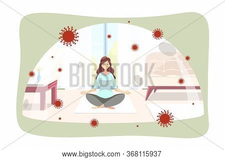 Quarantine, Coronavirus, Meditation, Protection Concept. Woman Girl Doing Yoga Pose Exercise Under G