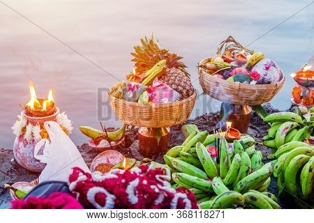 Closeup Of Various Objects With Fruits And Vegetables Offered To God At A Religious Festival Chhath 