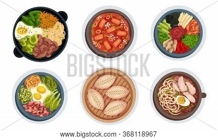 Asian Food With Noodle Soup And Bibimbap Dish Served With Vegetables Vector Set