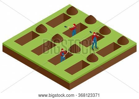 Isometric Men Digging Holes In A Cemetery. A Man Was Digging The Ground In The Cemetery For A Funera