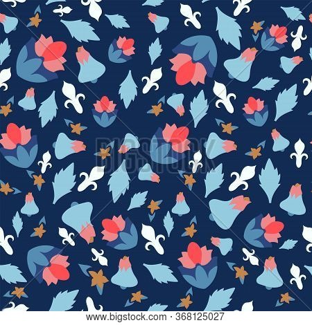 Abstract Floral Seamless Pattern. Bright Paints Painted On A Dark Blue Background. Can Be Used For P