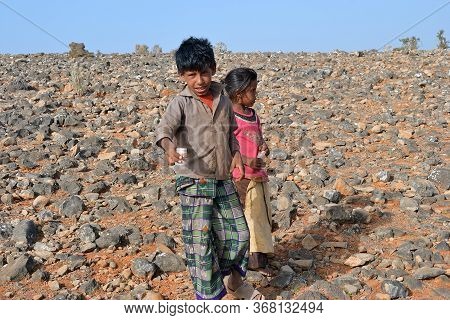 Socotra, Yemen - March 8, 2010: Young Boy And His Little Sister Sale A Box With Dragon Blood Trees W