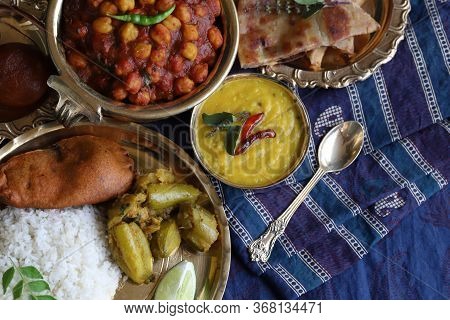 Indian Gastronomic Tourism. Abundance Of National Indian Cuisine On A Dark Blue Background. Dinner I