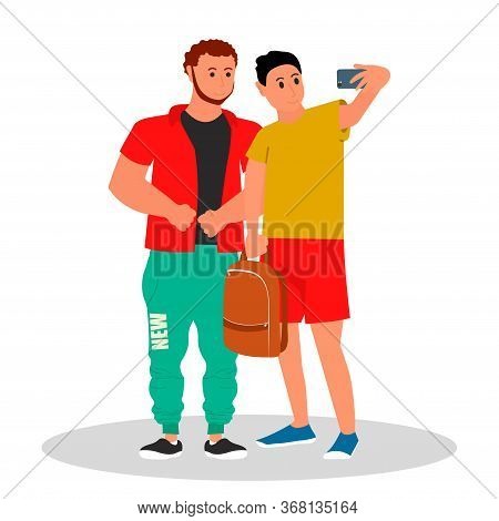 Diverse College Or University Students. Two Student Making A Selfie Photo. Vector Illustration On Wh
