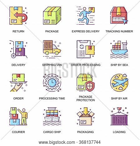 Delivery Service Flat Icons Set. Order And Shipping, Tracking Number, Processing Time, Return, Packa