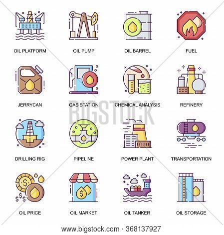 Oil Industry Flat Icons Set. Oil Platform And Pump, Chemical Analysis, Power Plant And Pipeline, Tan