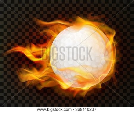 Superheated Burning Golf Ball In Fire Flying Through The Air, Isolated 3d Realistic Vector Illustrat