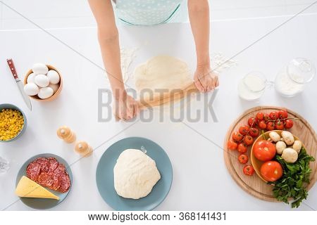 High Angle Above View Cropped Photo Of Housewife Arms Preparing Cookies Pizza Pie For Family Dinner 