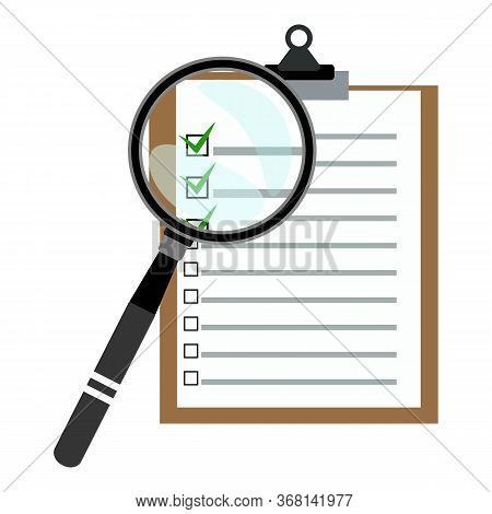 Vector Magnifyer Glass Searching Checklist Clipboard With Green Checkbox Illustration Concept.