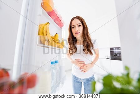Photo Of Beautiful Housewife Opening Fridge Doors Picking Food Snack Keeping Diet Early Morning Hold
