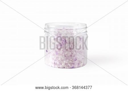 Transparent Plastic Jar With Large Flakes Of Violet Lavender Marine Dead Sea Salt Isolated On Clean 