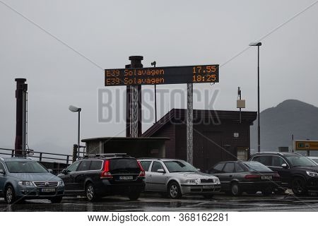 Editorial 09.06.2019 Festøy Ferryport Norway Rainy Weather In The Port Of A Small Car Ferry