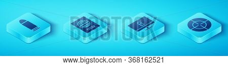 Set Isometric Bullet, Passport, Target Sport And Lock On Computer Monitor Icon. Vector.