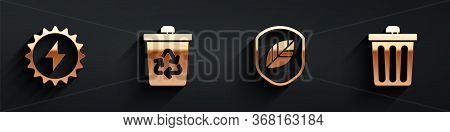 Set Solar Energy Panel, Recycle Bin With Recycle, Shield With Leaf And Trash Can Icon With Long Shad