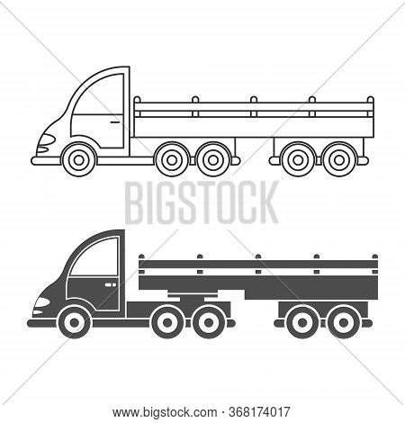 Set Of Vector Icon Tractor With Trailer. Simple Design, Filled And Empty Silhouette Isolated On A Wh