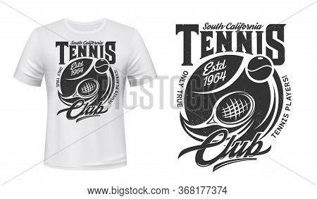 Tennis Sport Game T-shirt Print Vector Mockup. Tennis Racket, Flying Ball And Grunge Typography. Rac