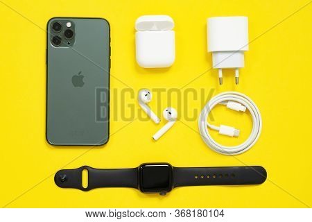 May 01, 2020, Rostov, Russia:  Set Of Apple Devices, Black Iphone And Applewatch, White Airpods With