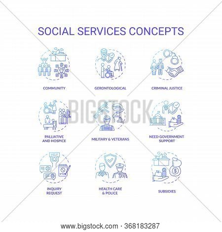 Social Services Concept Icons Set. Criminal Justice. People Medical And Financial Support Organizati
