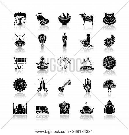Indian Culture Drop Shadow Black Glyph Icons Set. National Animals. Traditional Ceremonies. Religiou