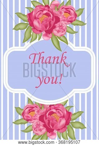 Greeting Card With Pink Peonies And Green Leaves, On A Blue Background, Stock Vector Illustration Wi
