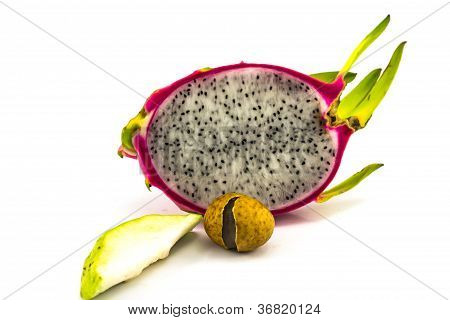Longan And Dragon Fruit On White Background