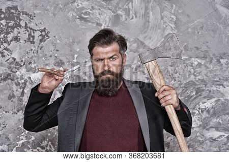Choose Vintage Shave. Hipster Hold Straight Razor And Axe. Bearded Man With Brutal Look. Cutthroat S