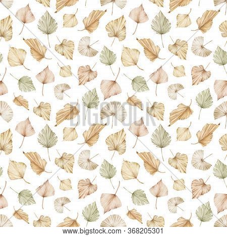Watercolor Seamless Pattern Of Beige And Creamy Palm Leaves. Exotic Golden Blush Background. Tropica