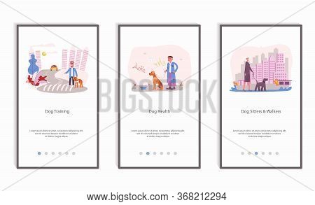 People Walking With Different Breeds Of Dogs Set, Mobile App Screens Set. Ordinary Life Of Pet Owner